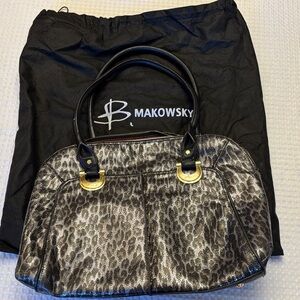 B. Makowsky Metallic Large Leather Leopard Shoulder Bag Black Silver Gold Gray